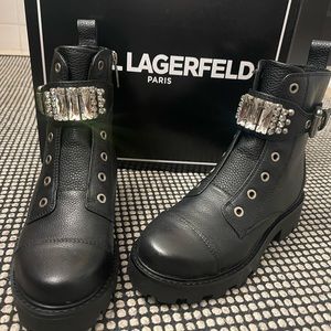 Karl Lagerfeld black rhinestone combat boots lug